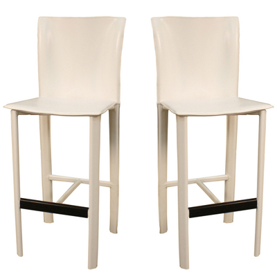 Two Modern Bar Stools With Vertical Geometric Outlines Wrapped In White Leather