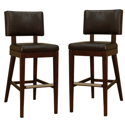 Two Wood & Leather Stationary Bar Stools with Klismos-Like Style & Lines