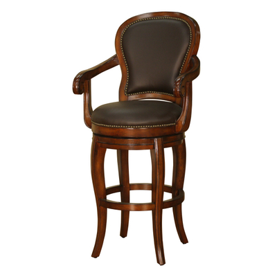 Wood-Framed Swivel Bar Stool with Genuine Chocolate Leather Cushions