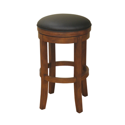 A Swivel Bar Stool with a Wood Base & Black Leather Cushion