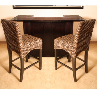 This Set Pairs Beautiful Water Hyacinth Stools with a Brown Acacia Wood Bar