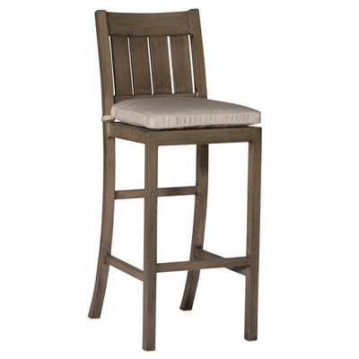 An Aluminum Bar Stool Designed to Appear like Weathered Wood or Mahogany