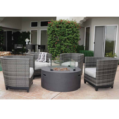 A Contemporary Fire Pit Set Featuring Chairs Wrapped In Traditional Wicker