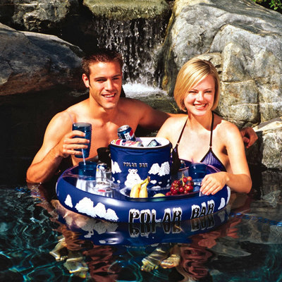 Inflatable Beverage Cooler with Snack Tray, Center Pocket & Cooler Bag!