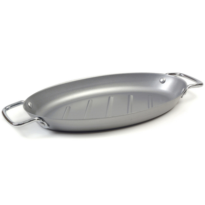 Attractive & State-Of-The-Art Oval Grill Pan Showcases A Silver, Non-Stick Surface