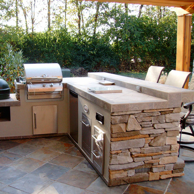 Gorgeous Grill Island with Built-In Gas Grill, Smoker, Stereo, Fridge & Storage